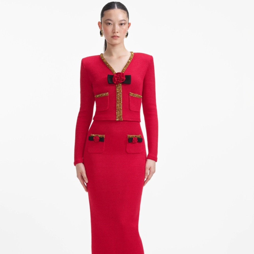 self-portrait Red Textured Knit Corsage Midi Skirt Size Large - MSRP $380 - NWT